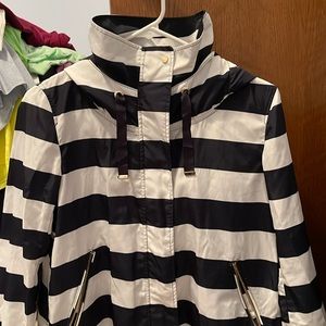 Navy and white striped raincoat/windbreaker with hood
